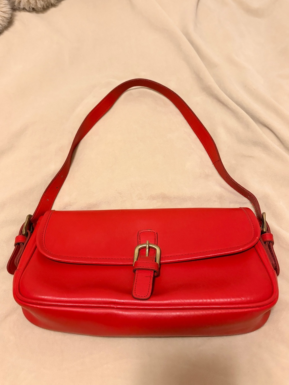 Red Leather Shoulder Bag with Buckle Accent